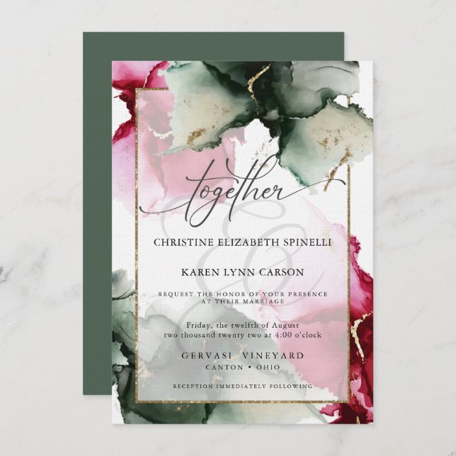 Invitación PERSONALIZADO Fuchsia y Sage Green Watercolor (Anverso / Reverso)