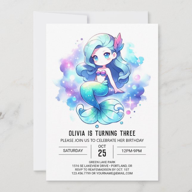 Invitación Personalizado Fun Mermaid Cumpleaños (Anverso)