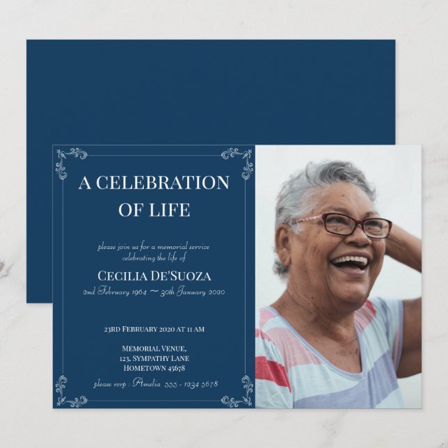Invitación Personalizado funerario azul oscuro clásico (Anverso / Reverso)