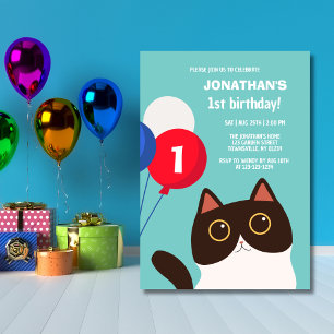 Invitación Personalizado Gato Iris Balón Niños Cumpleaños