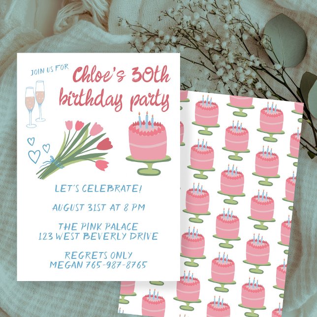 Invitación Personalizado Girlie Cute, Fiesta de cumpleaños nú (Whimsical 30th Birthday Party Girlie Cute Custom Invitation
)