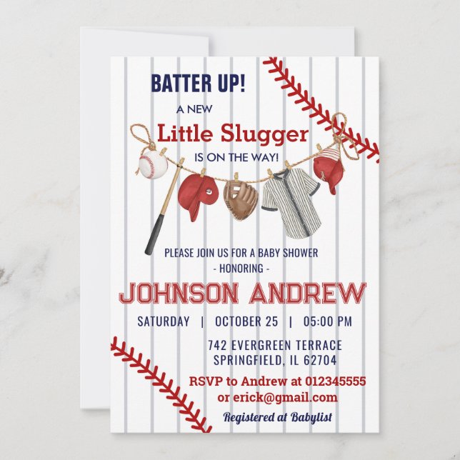 Invitación Personalizado golpea al beisbol Baby Shower (Anverso)