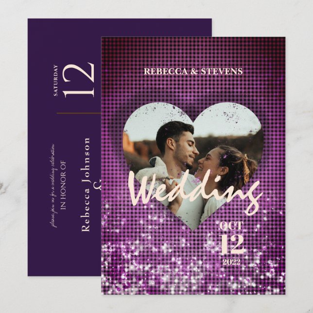 Invitación Personalizado Heart Faux Burgundy Photo Boda (Anverso / Reverso)