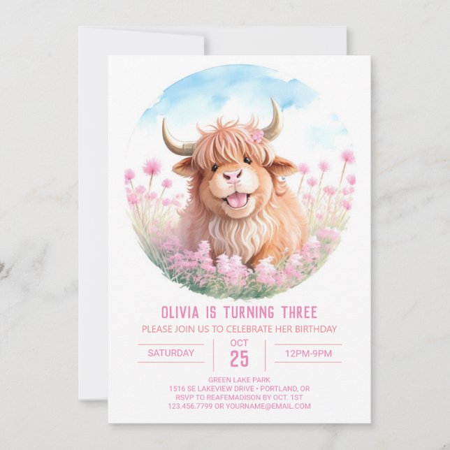 Invitación Personalizado Highland Cow Watercolor Chica Cumple (Anverso)