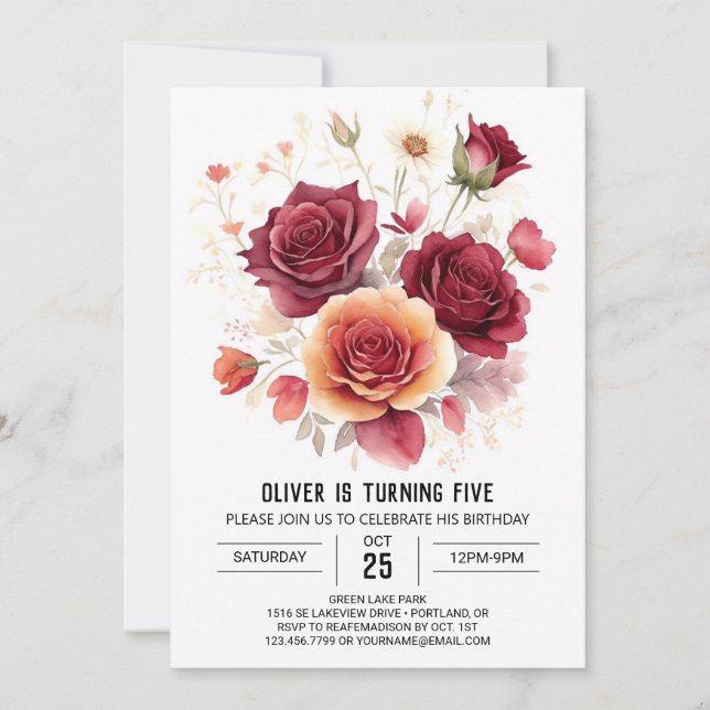 Invitación Personalizado Imprimible Burgundy Floral Cumpleaño (Anverso)