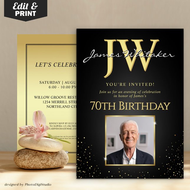 Invitación Personalizado Iniciales Elegante Oro Negro 70 cump (Custom Initials Elegant Black Gold 70th Birthday Invitation)