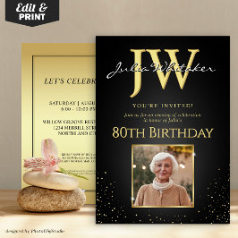 Invitación Personalizado Iniciales Elegante Oro Negro 80 cump