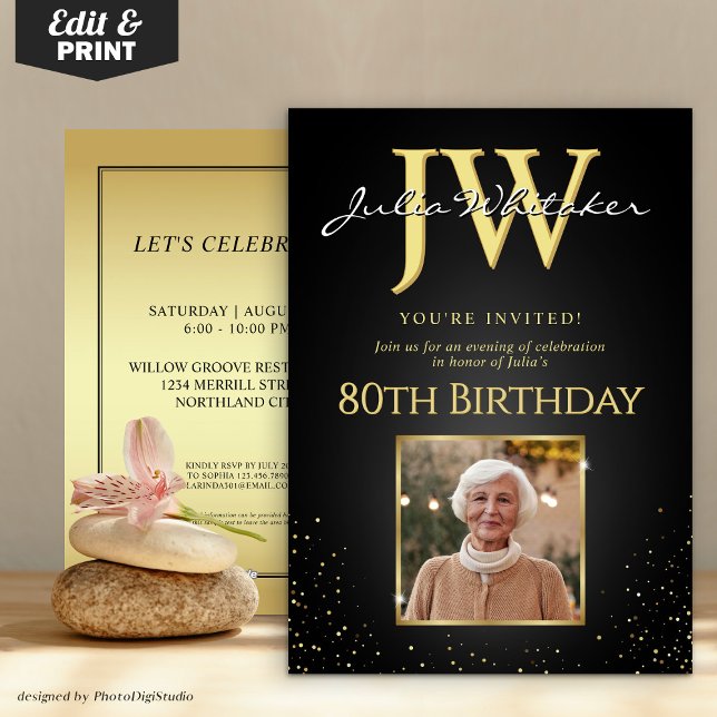 Invitación Personalizado Iniciales Elegante Oro Negro 80 cump (Custom Initials Elegant Black and Gold Birthday Invitation)