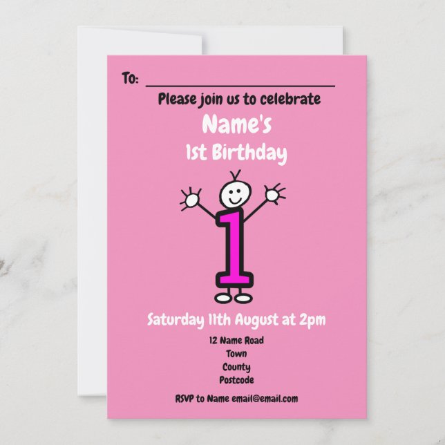 Invitación Personalizado linda bebé niña primer cumpleaños Fi (Anverso)
