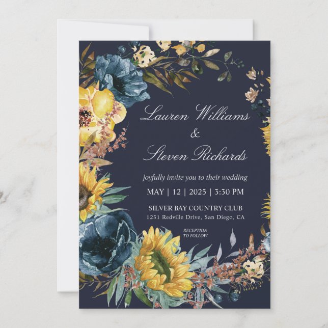 Invitación Personalizado  Marina Oscura, girasoles azules y b (Anverso)
