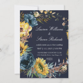 Invitación Personalizado  Marina Oscura, girasoles azules y b