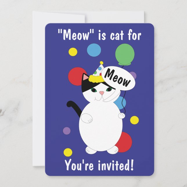 Invitación Personalizado Meow del gato blanco negro de cumple (Anverso)