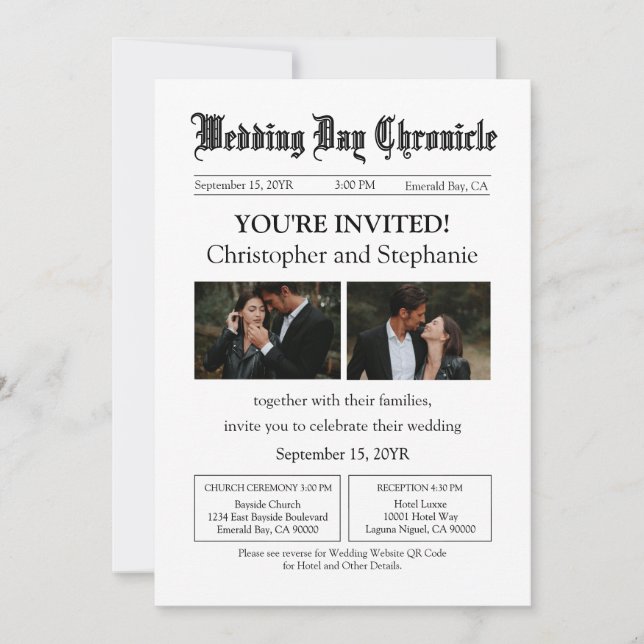Invitación Personalizado mínimo 2 Boda de periódico de código (Anverso)
