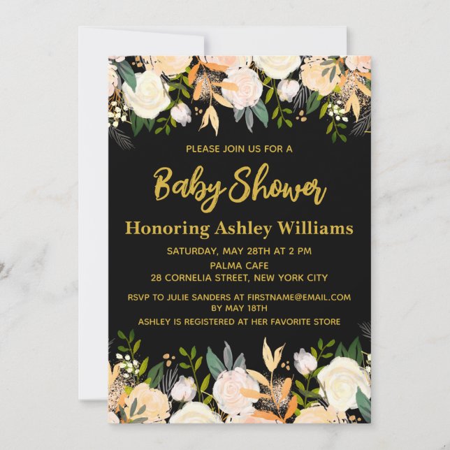 Invitación Personalizado Moda Girly Black & Gold Floral Baby  (Anverso)
