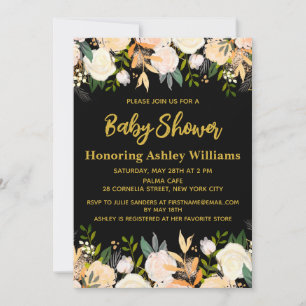 Invitación Personalizado Moda Girly Black & Gold Floral Baby 