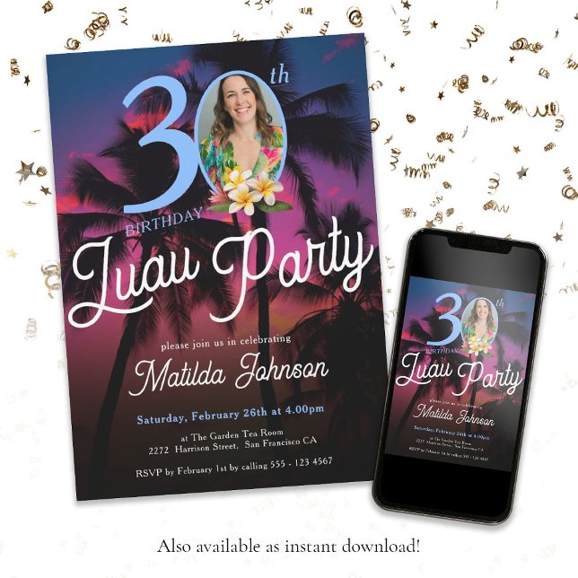 Invitación Personalizado moderno divertido foto Fiesta Luau 3 (Fun 30th Birthday Luau Party Modern Custom Photo Invitation)