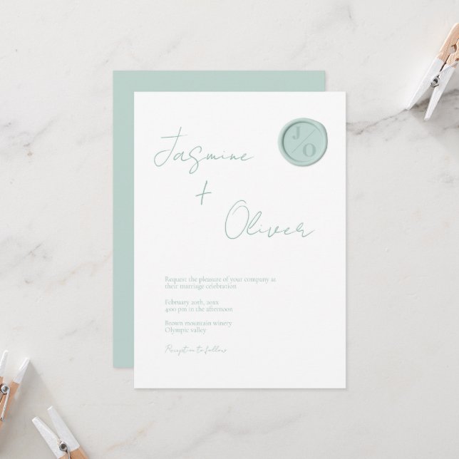 Invitación Personalizado monograma sellado de cera verde boda (Anverso/Reverso In Situ)