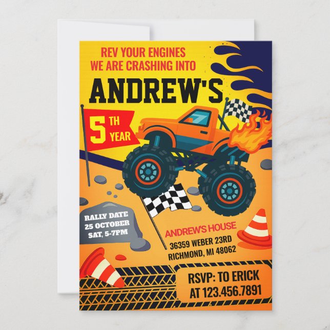 Invitación Personalizado Monster Truck Jam Kids Fiesta Cumple (Anverso)