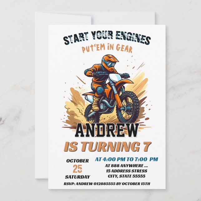 Invitación Personalizado Motocross Carreras Dirt Adventure Cu (Anverso)