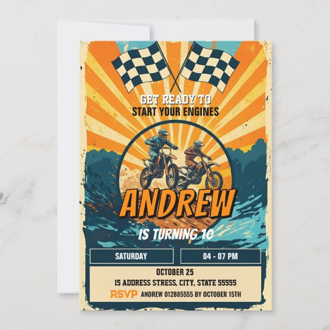Invitación Personalizado Motocross Carreras Dirt Motorbike Cu (Anverso)