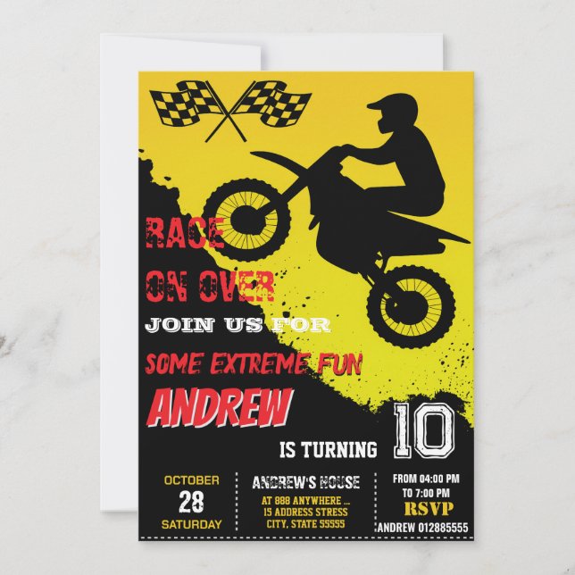 Invitación Personalizado Motocross Dirt Bicicleta Cumpleaños (Anverso)