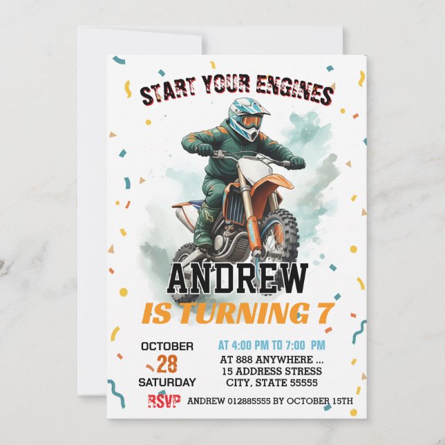 Invitación Personalizado Motocross Dirt Bike Andventure Boy C (Anverso)