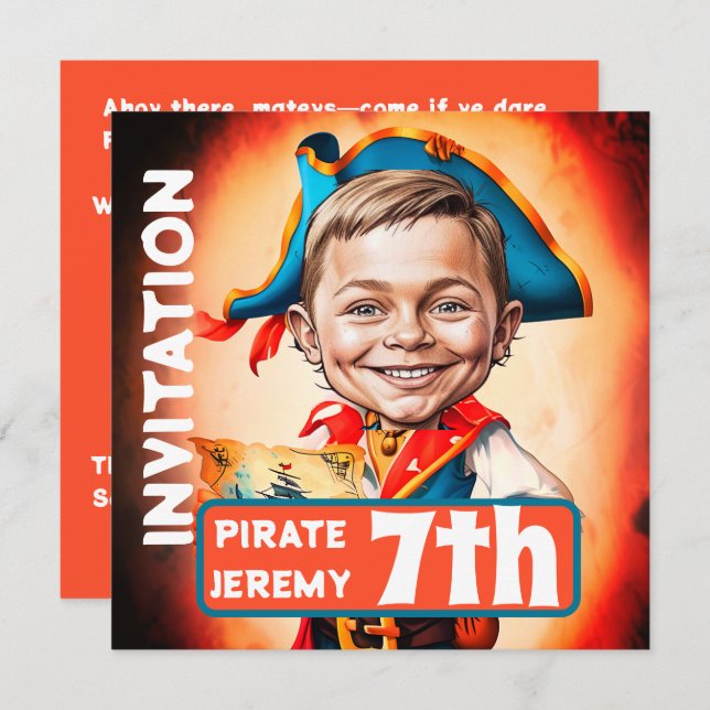 Invitación Personalizado Naranja quemado Pirata 7 Caricatura (Anverso / Reverso)