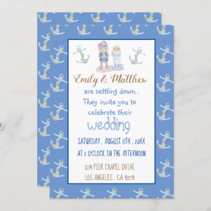 Invitación Personalizado Náutico Boda Blanco Azul y Oro