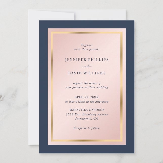 Invitación Personalizado Navy Blue Rubor y Boda de oro (Anverso)