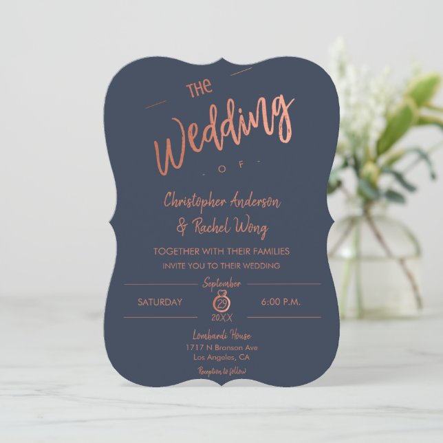 Invitación Personalizado Navy Blue Simple Script Rosa Boda de (Anverso de pie)