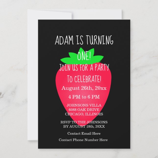 Invitación Personalizado negro rojo fresa primer Fiesta de cu (Anverso)