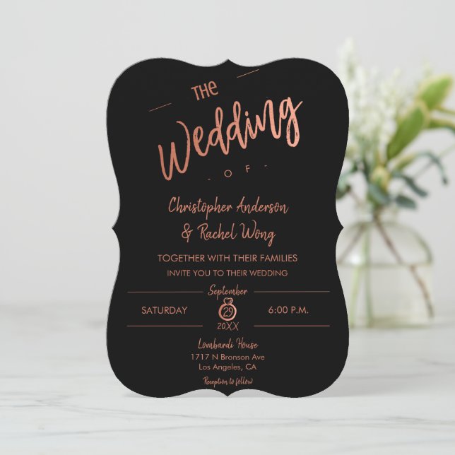 Invitación Personalizado Negro Simple Script Rosa Oro El Boda (Anverso de pie)