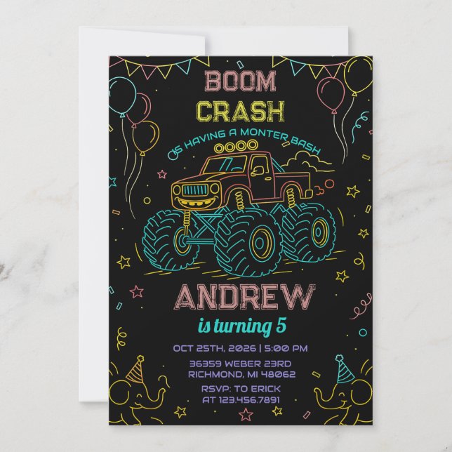 Invitación Personalizado neon Bash Monster Truck fiesta de cu (Anverso)