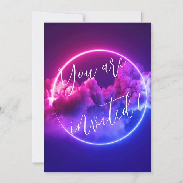 Invitación Personalizado Neon Rótulo Brillante Nubes Rosa y P (Anverso)