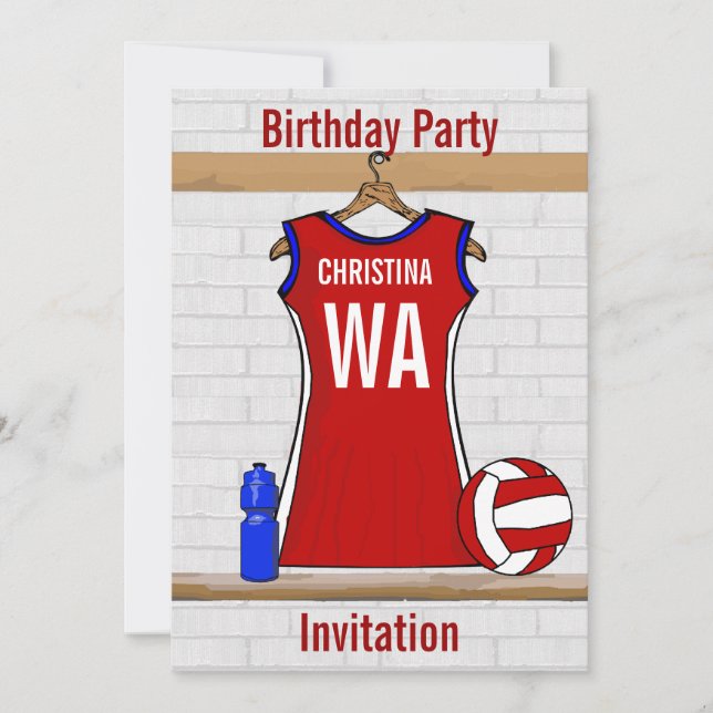 Invitación Personalizado Netball Uniforme Rojo con Azul y Bla (Anverso)