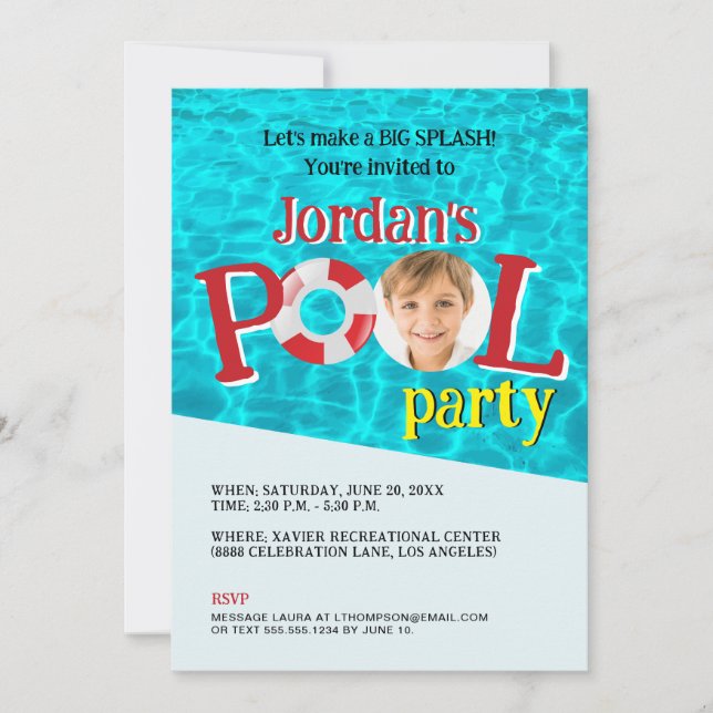 Invitación Personalizado Niño Foto Fiesta de la piscina de cu (Anverso)