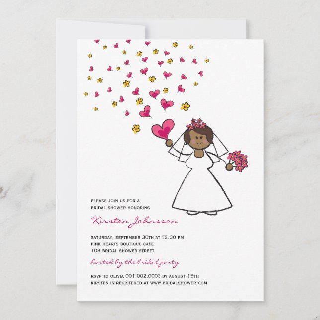 Invitación Personalizado Novia Fuchsia Corazones Flores Ducha (Anverso)