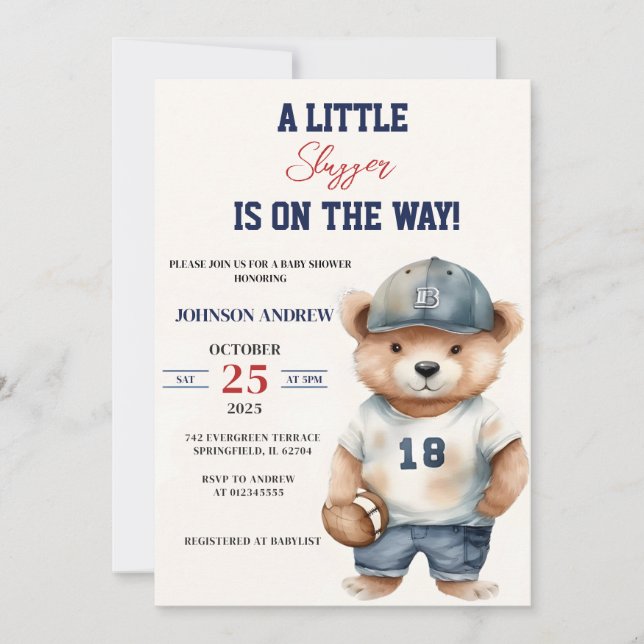 Invitación Personalizado nuestro pequeño beisbol negro Baby S (Anverso)