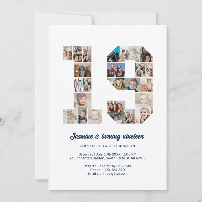 Invitación personalizado número 19 de cumpleaños Collage de f (Anverso)