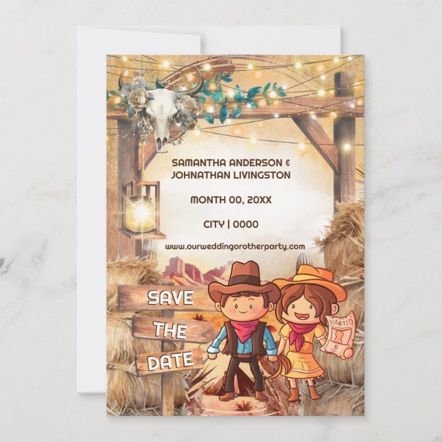 Invitación Personalizado occidental, pareja de vaqueros, arco (Anverso)