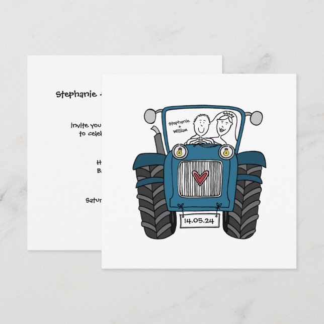 Invitación Personalizado País Boda Azul Tractor Noche (Anverso / Reverso)