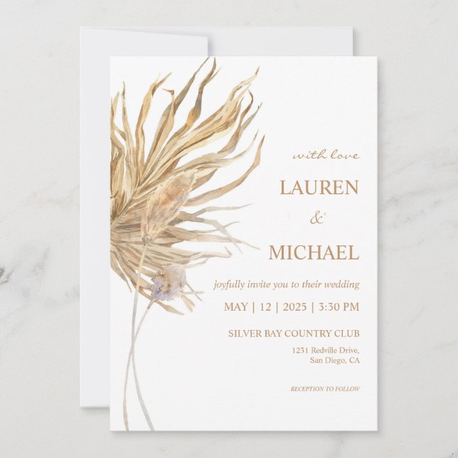 Invitación Personalizado Papiro Blanco y Boda de Pampas (Anverso)
