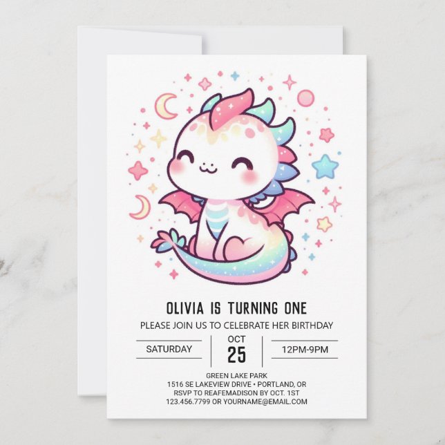 Invitación Personalizado Pastel Dragon Primer Cumpleaños (Anverso)