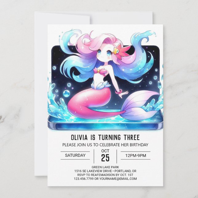 Invitación Personalizado Pastel Mermaid Cumpleaños (Anverso)