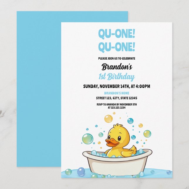 Invitación Personalizado Pato Amarillo Bebé Primer cumpleaños (Anverso / Reverso)