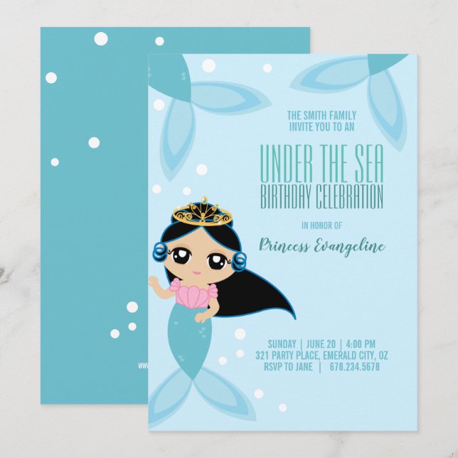 Invitación personalizado pequeño MERMAID CUMPLEAÑOS pelo negr (Anverso / Reverso)