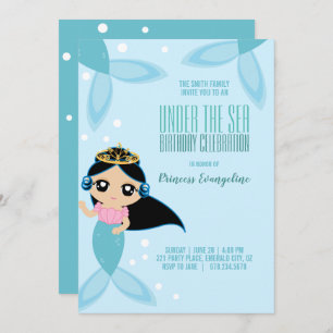 Invitación personalizado pequeño MERMAID CUMPLEAÑOS pelo negr
