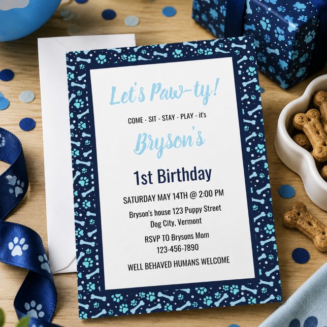 Invitación Personalizado Perro Cumpleaños Blue Paw Imprimir M (Custom Dog Birthday Blue Paw Print Puppy Pet Invitation)