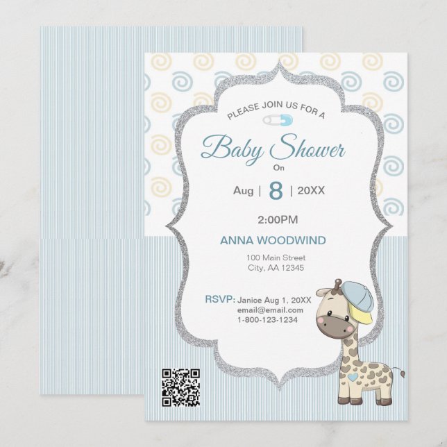 Invitación Personalizado Personalizado Baby Boy Giraffe (Anverso / Reverso)