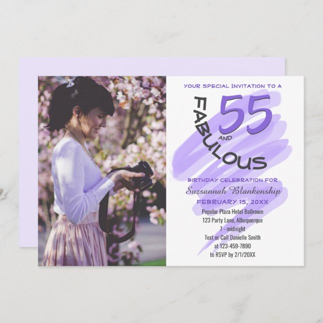 Invitación Personalizado Photo Purple 55 y Fabulous Fiesta (Anverso / Reverso)
